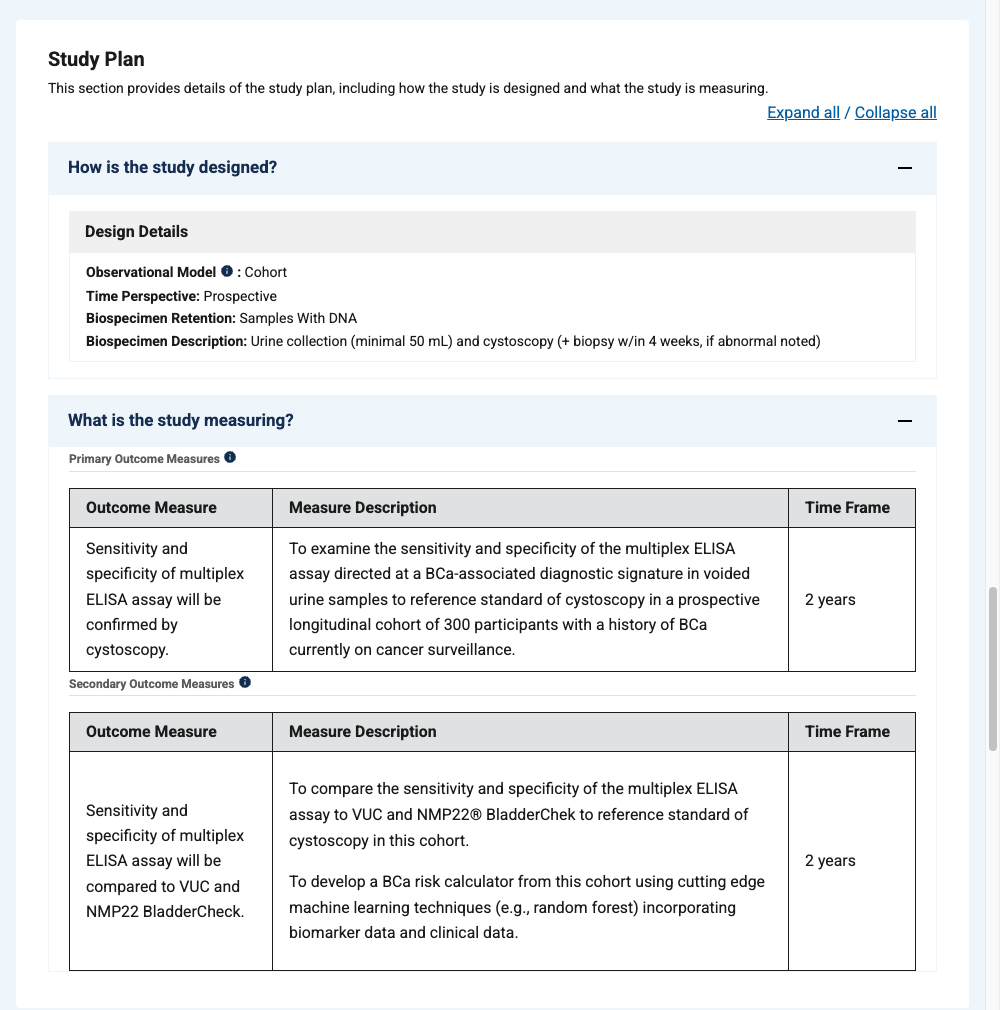 ClinicalTrials.gov同一试验Study Plan，显示前瞻性队列设计、300例样本、尿液检测与膀胱镜参照及主要结局