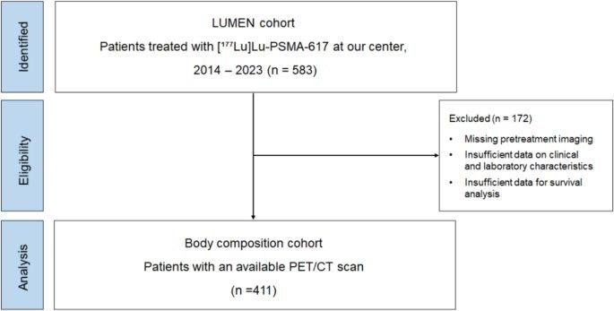 Skeletal muscle radiodensity as an automated survival predictor in men with metastatic castration-resistant prostate cancer undergoing PSMA-targeted radioligand therapy.的原文研究流程或关键结果图