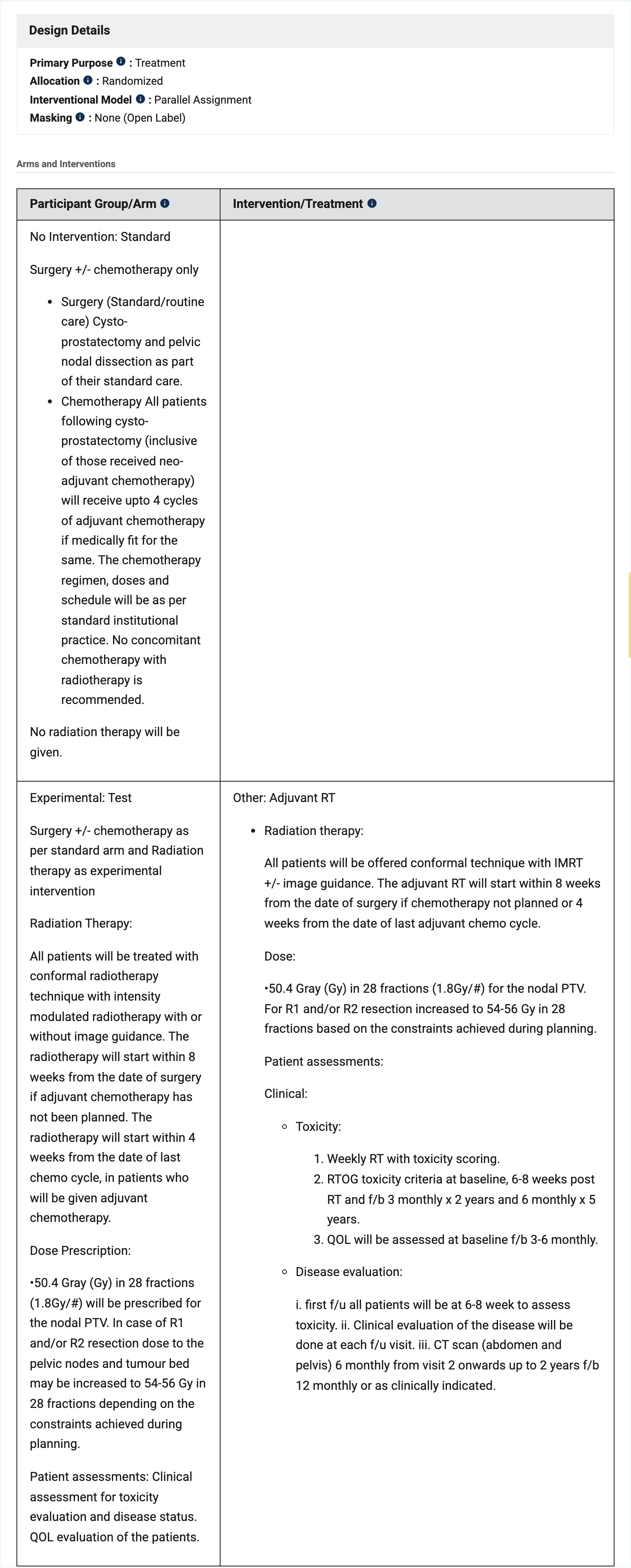 NCT02951325官方Study Plan的Design Details与Arms and Interventions，显示标准组与辅助放疗组的完整治疗方案。