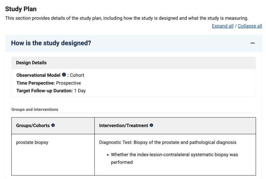 ClinicalTrials.gov的NCT06584279 Study Plan，显示前瞻性队列设计、1天目标随访和前列腺活检病理诊断流程