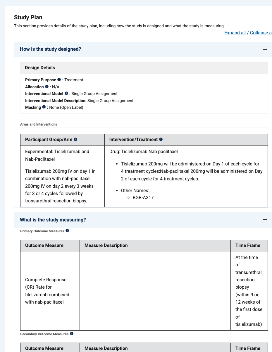 ClinicalTrials.gov同一试验TRUCE-22的Study Plan，显示单组开放标签设计、替雷利珠单抗联合白蛋白结合型紫杉醇方案与完全缓解率结局