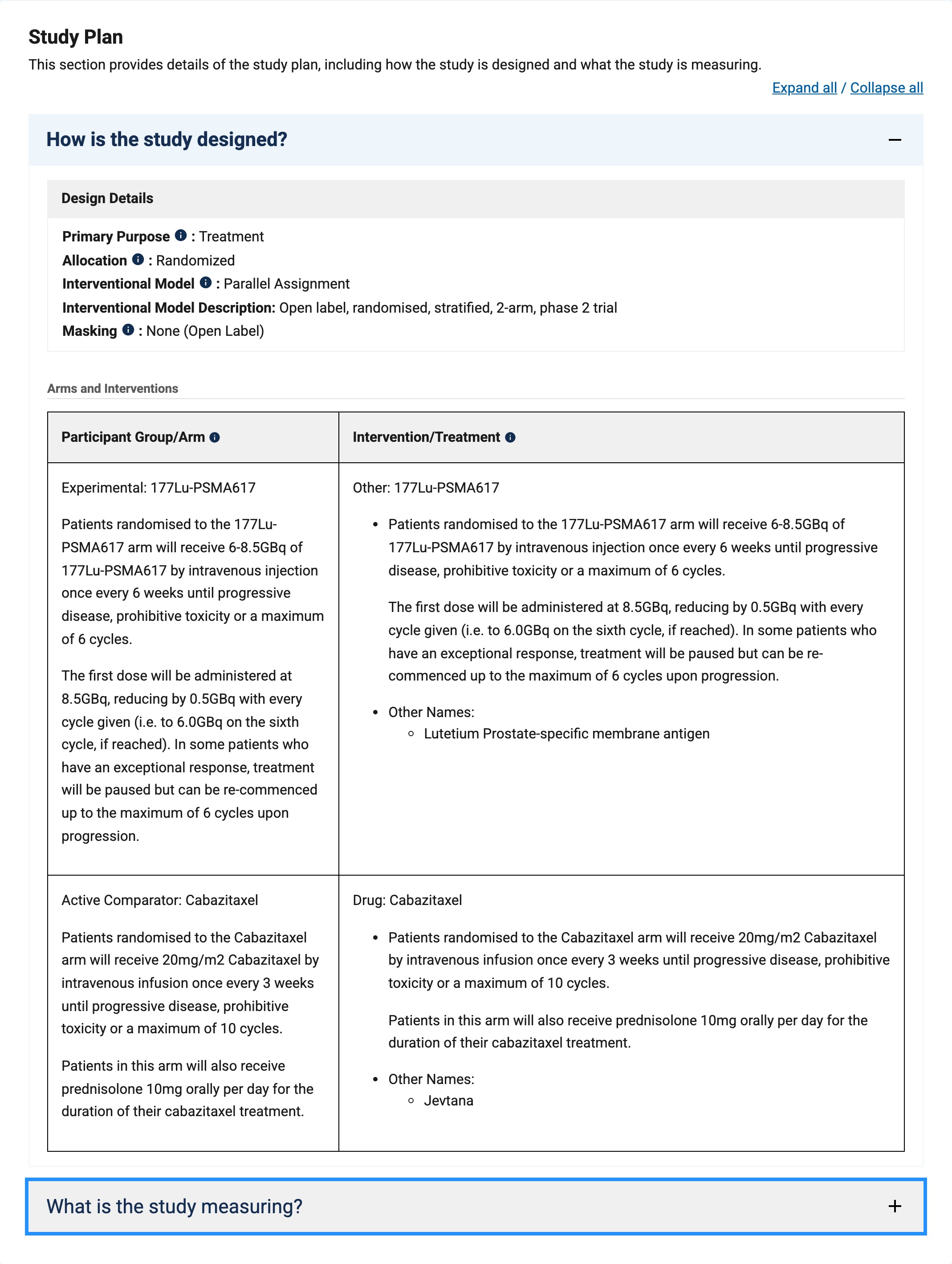 ClinicalTrials.gov的TheraP研究设计，显示177Lu-PSMA-617与卡巴他赛两组随机方案