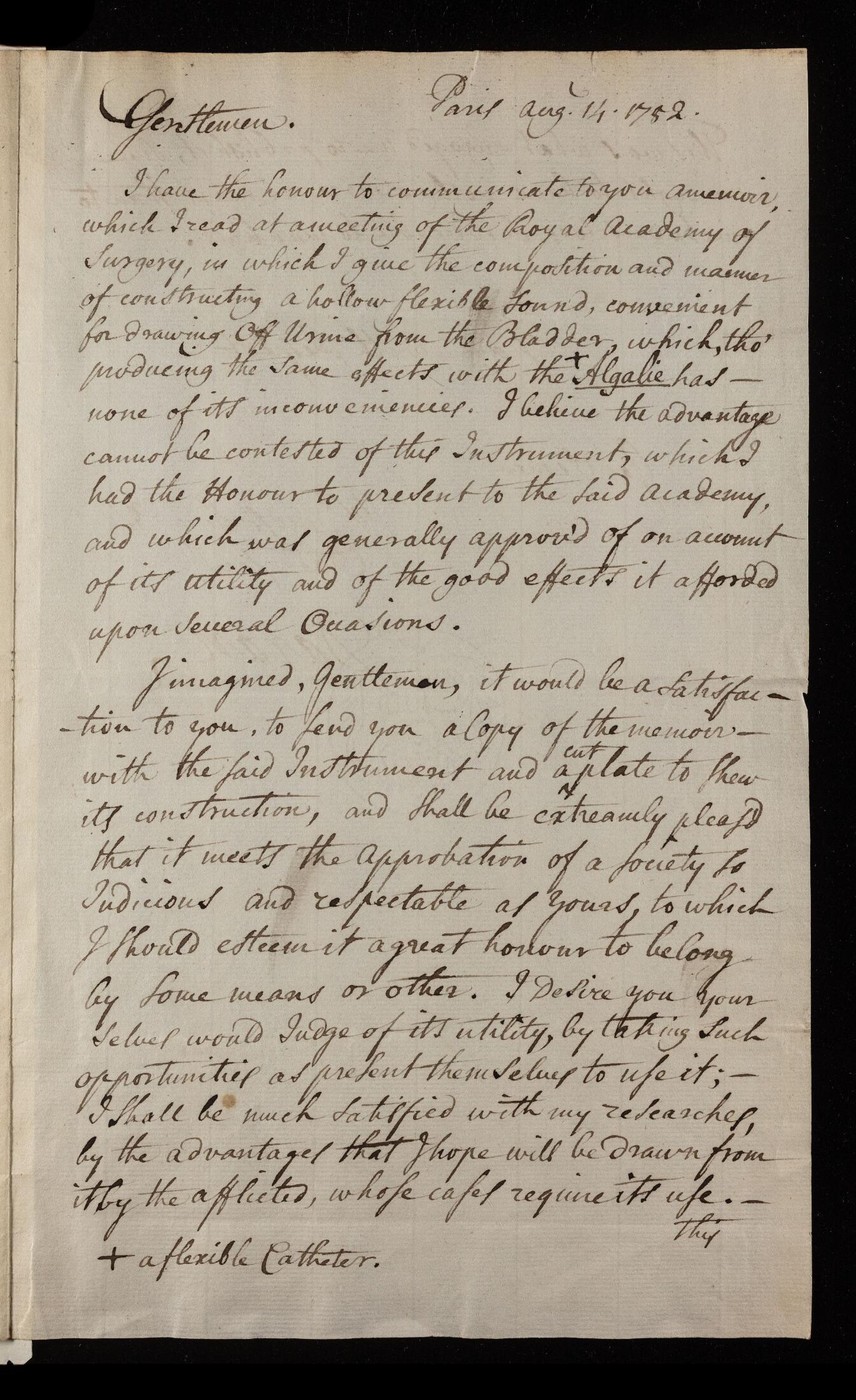 图6 1752年8月，Jacques Daran向Royal Society递交柔性导尿管手稿。页首写着Paris, Aug. 14, 1752。英文正文说明这是一根从膀胱引出尿液的中空柔性导管，Daran曾向巴黎皇家外科学院报告，并愿附上器械和构造图供Royal Society试用评议。