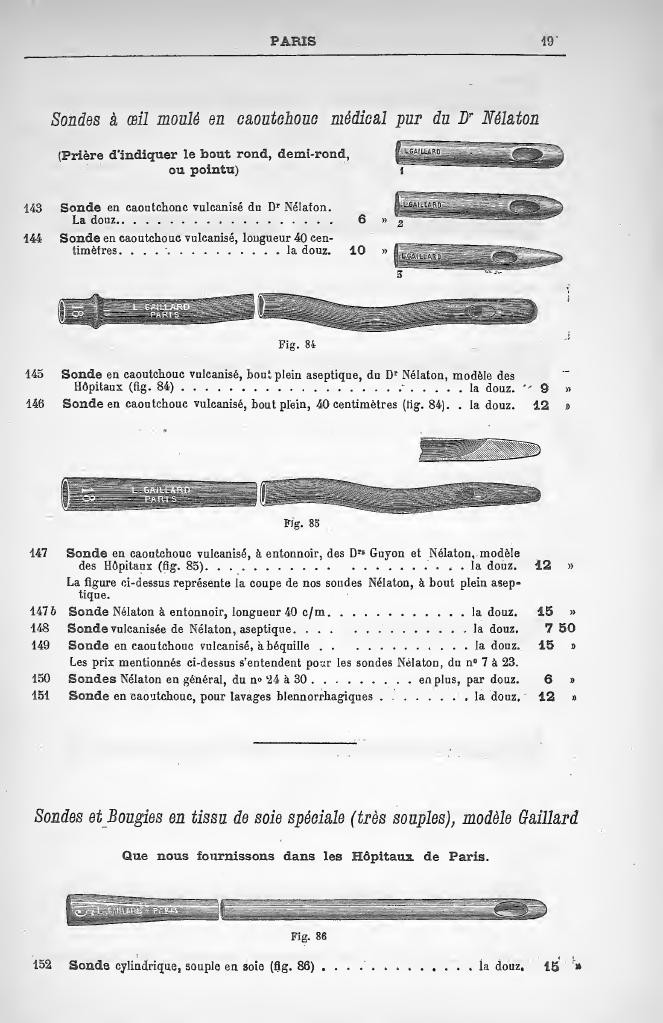 图15 1899年目录中的Nélaton型橡胶导尿管。法文条目写明医用纯橡胶或硫化橡胶，并列圆头、半圆头、尖头等头端；目录注明Nélaton导尿管供应7至23号。