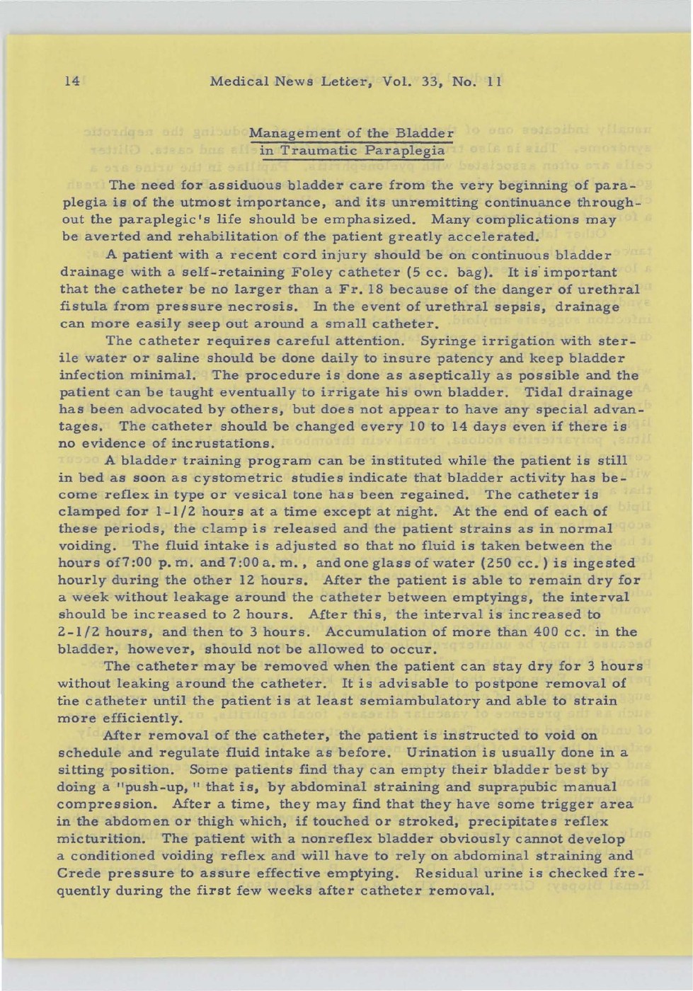 图21 1959年美国海军医学通讯的“创伤性截瘫膀胱管理”页。英文正文建议近期脊髓损伤患者使用自留式Foley导尿管持续引流，并选择不大于Fr 18的管径。页面随后列出定期更换、感染观察，以及膀胱功能恢复后的训练与拔管。